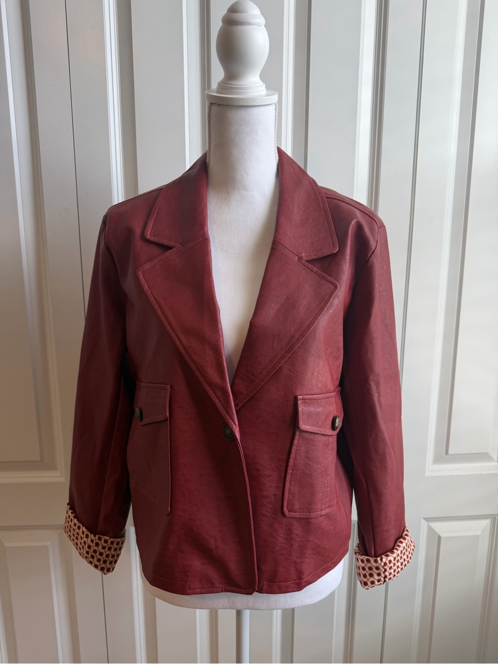 Mystree Women's Brick Red Faux Leather Blazer Jacket